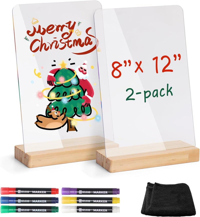 SELEAD Acrylic Clear Board Bar Sign - 2 Pack 8x12 Inch DIY Words Sign Board with Wooden Stand, Tabletop Double-Sided Menu Message Note Board for Business, Wedding, Events - Image 1